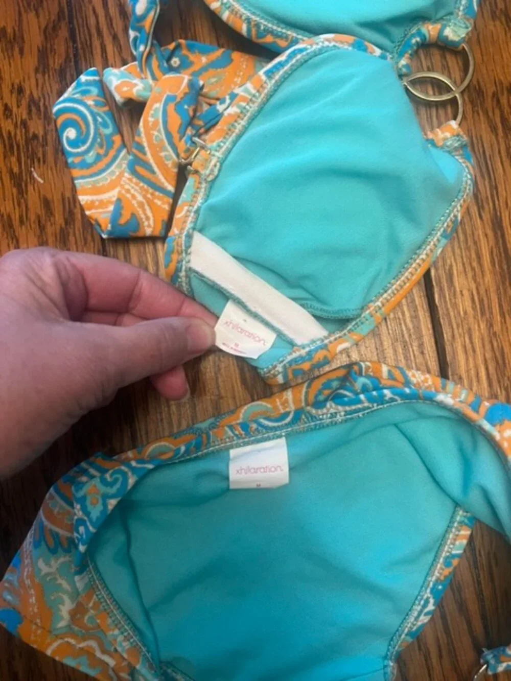 Women's Xhilaration 2 piece swimsuit Bikini, Size M, Blue/Orange Paisly, Ex Con! - Picture 3 of 4